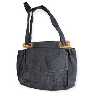 Ozark Mountain Handbags Casual Black Denim Tote w/ Wooden Handles Gingham Lining